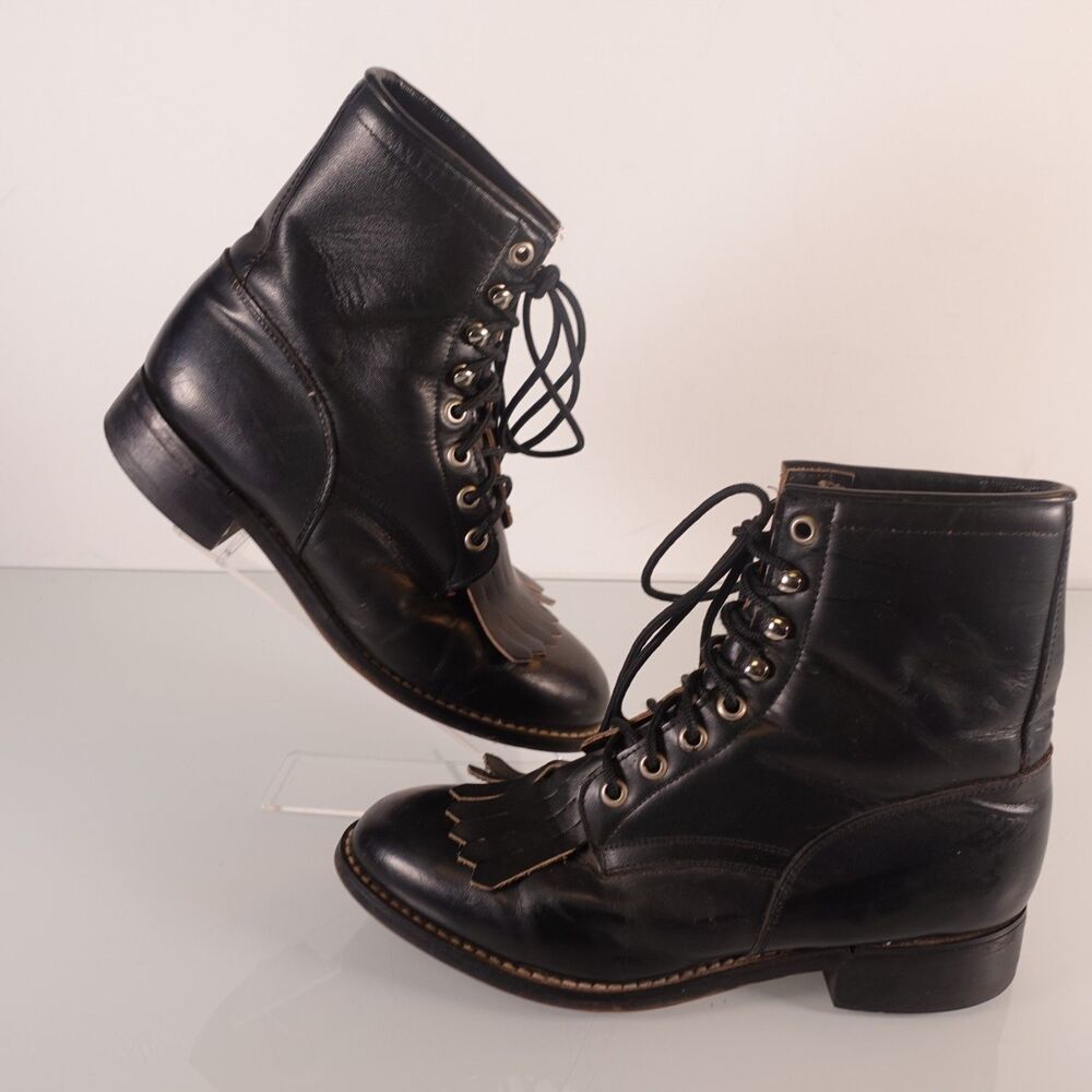 Justin Leather Lace-up Kiltie Western Boots with Fringe 506Y Youth size 4D Black